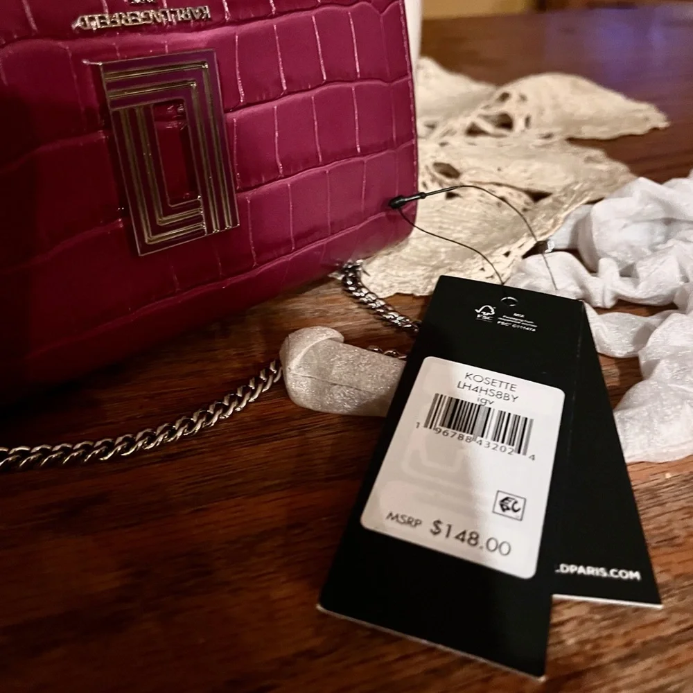 Karl Lagerfeld Magenta Croc-Embossed Chain Clutch - Picture 3 of 4